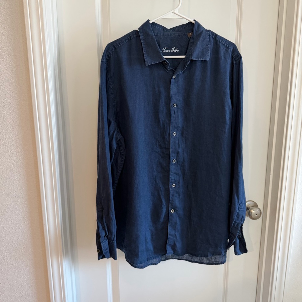 Tasso Elba Linen Button Down Mens XL Navy Blue Long Sleeve Coastal Resort Summer